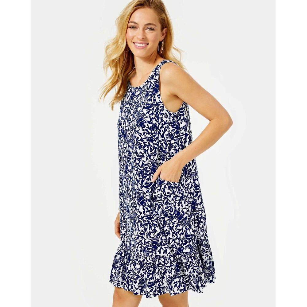 Lilly Pulitzer Blue White Floral Shift Dress Scoop Neck V-Back Pima Cotton XL